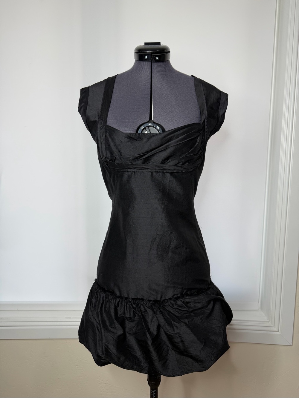 Black Cap-Sleeve Mini Dress with Gathered Hem